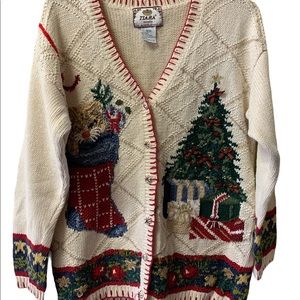 VTG Tiara Women’s 18/20 Beige Ugly Christmas Sweater Cat Stocking Tree Cardigan